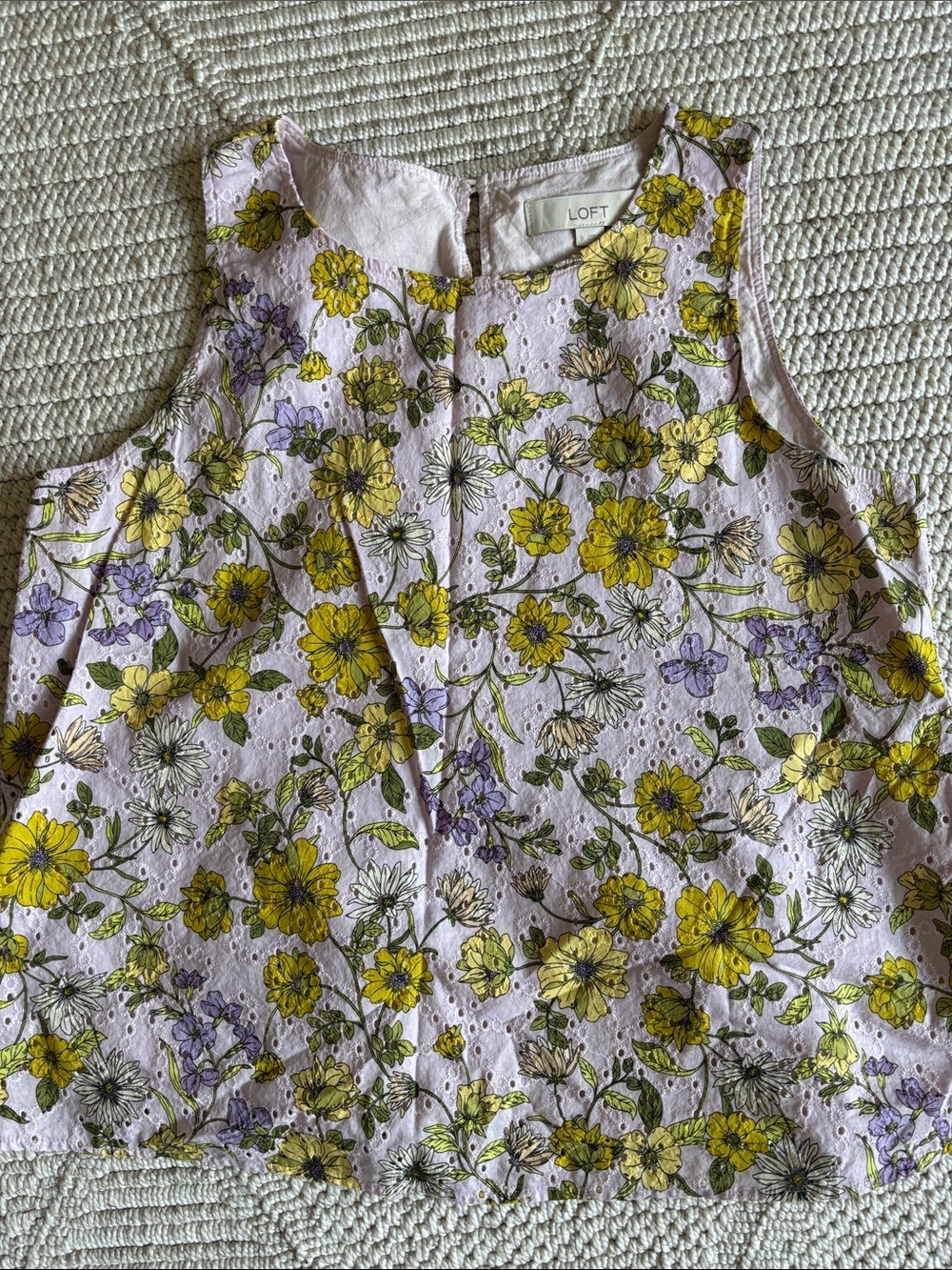 LOFT Pale Lavender Eyelet Floral Tank with Yellow Blossoms